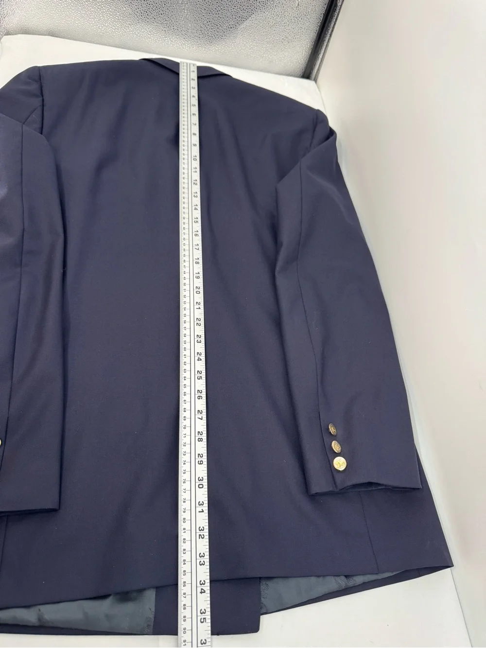 Vintage BURBERRYS Navy Blue Gold Button Super 100's Wool Double Breasted Blazer